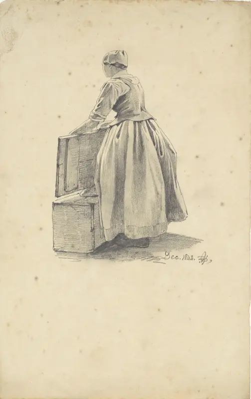 Staande vrouw bij kist Wall Art by Pieter van Loon - High-Resolution Digital Print