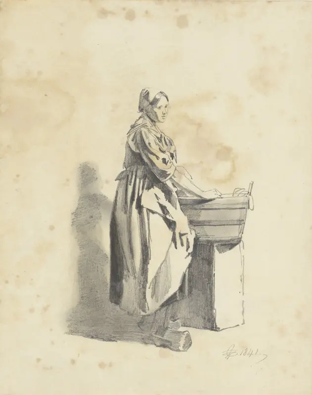 Staande vrouw bij wastobbe Wall Art by Pieter van Loon - High-Resolution Digital Print