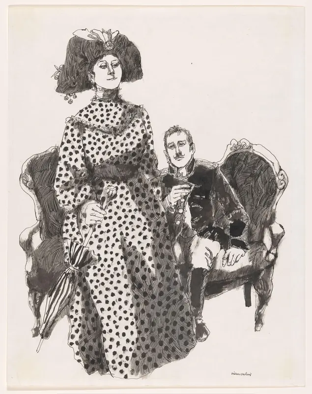 Staande vrouw in een gestippelde jurk en zittende man Wall Art by Unknown - High-Resolution Digital Print