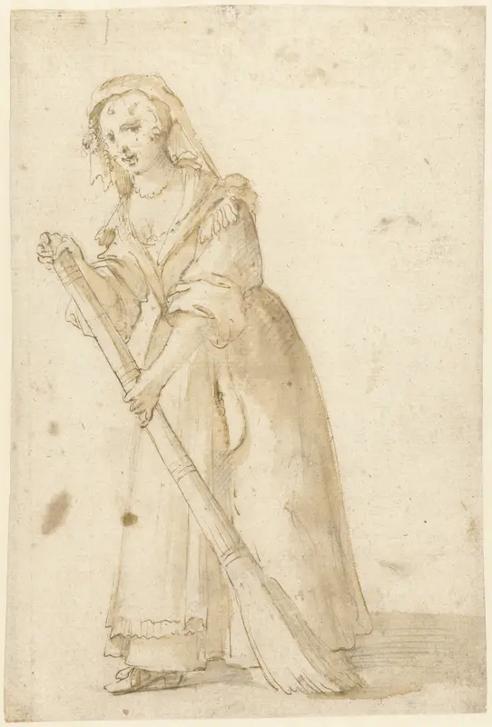 Staande vrouw met een bezem Wall Art by Unknown - High-Resolution Digital Print