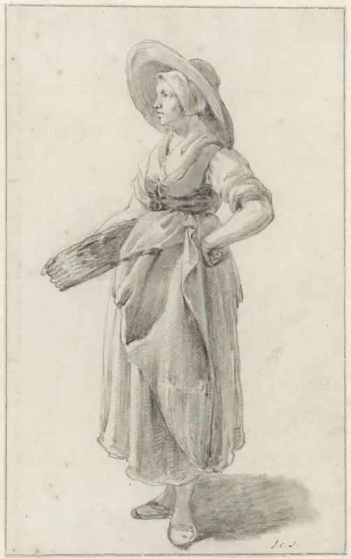Staande vrouw met hoed, die een mand draagt Wall Art by Johannes Christiaan Schotel - High-Resolution Digital Print