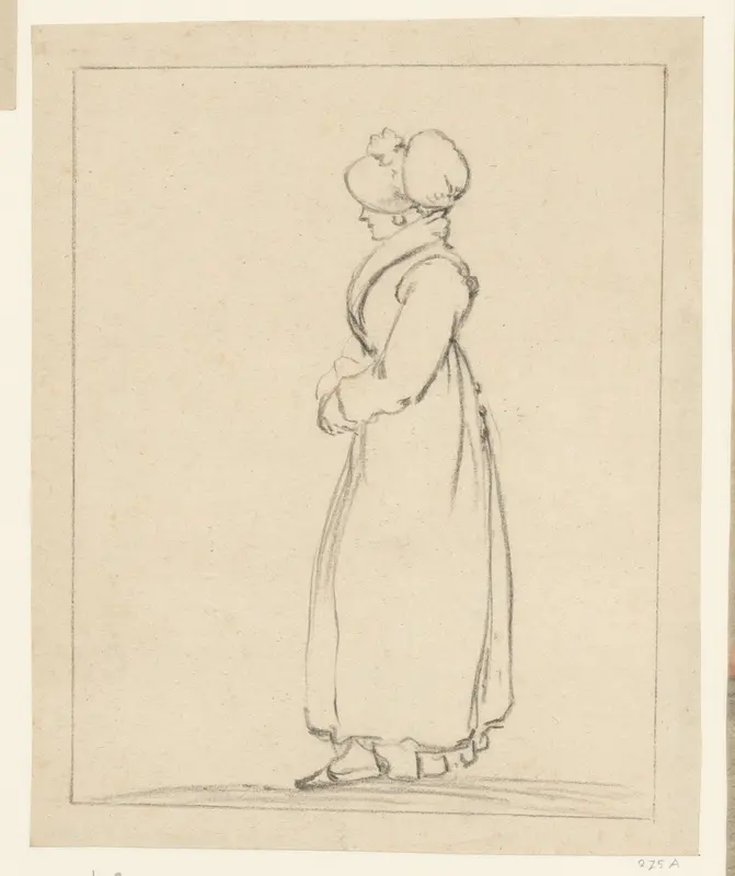 Staande vrouw met lange jas en muts Wall Art by anonymous - High-Resolution Digital Print