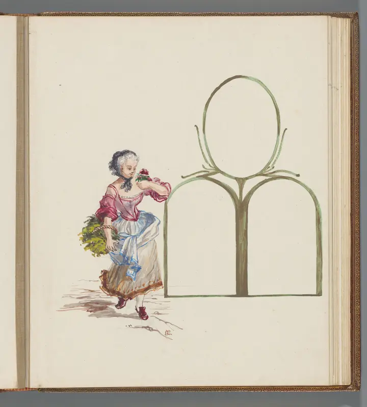 Staande vrouw met mand en roos Wall Art by Unknown - High-Resolution Digital Print