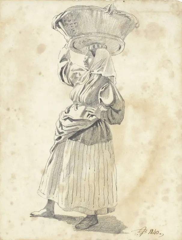 Staande vrouw met mand op het hoofd, naar links Wall Art by Pieter van Loon - High-Resolution Digital Print