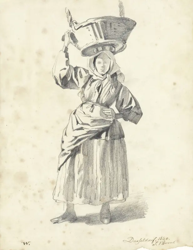 Staande vrouw met mand op het hoofd, van voren Wall Art by Pieter van Loon - High-Resolution Digital Print