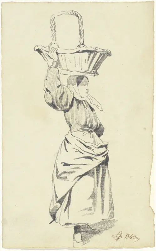 Staande vrouw met mand op het hoofd Wall Art by Pieter van Loon - High-Resolution Digital Print