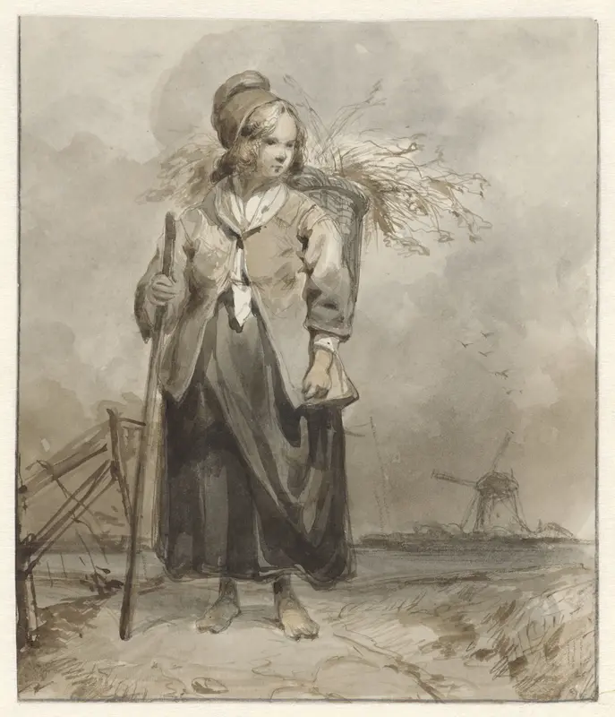 Staande vrouw met stok en mand op de rug Wall Art by Unknown - High-Resolution Digital Print