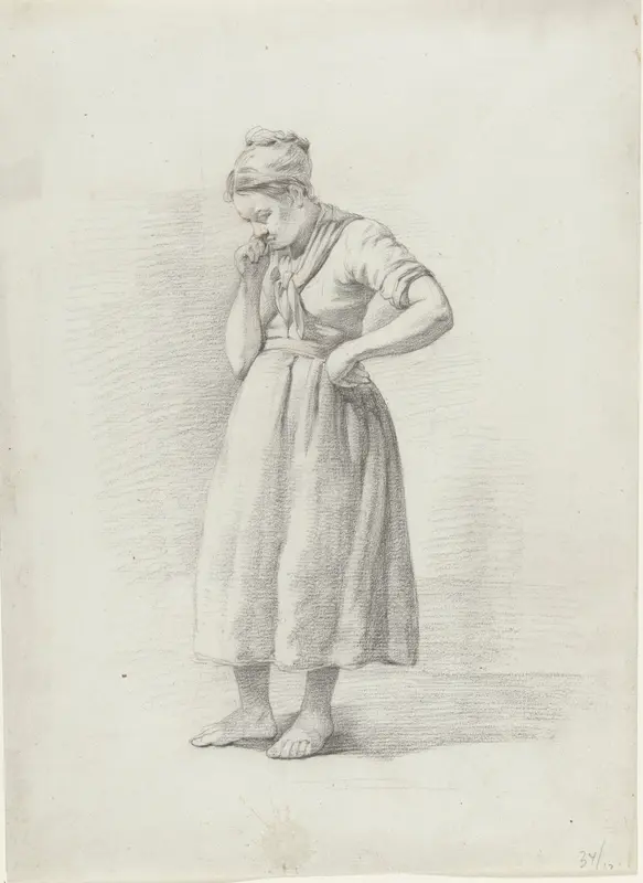 Staande vrouw, naar links, een hand in de zij, de ander op de kin Wall Art by Abraham Johannes Ruytenschildt - High-Resolution Digital Print