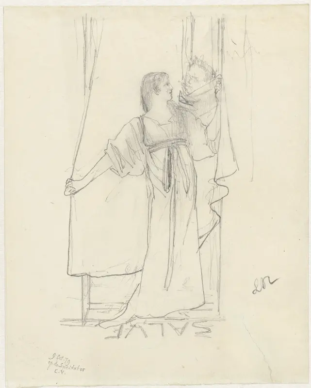 Staande vrouw sprekend met man achter gordijn Wall Art by Lourens Alma Tadema - High-Resolution Digital Print