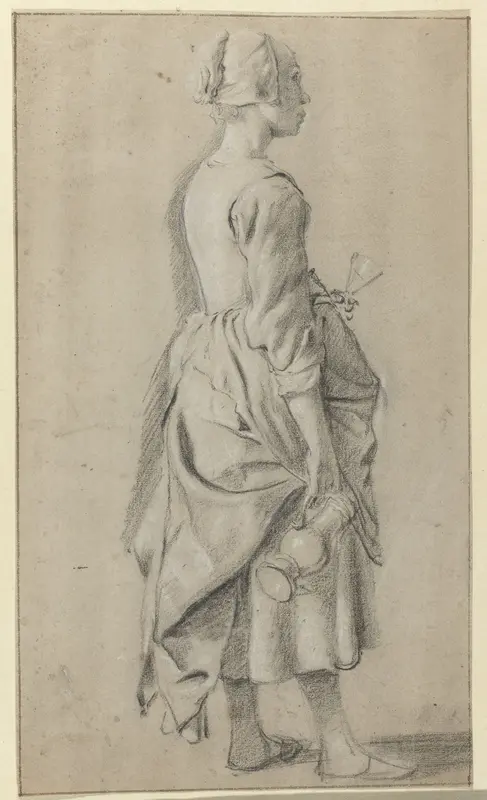 Staande vrouw van opzij gezien, met een glas in haar linkerhand en een kan in haar rechterhand Wall Art by Unknown - High-Resolution Digital Print