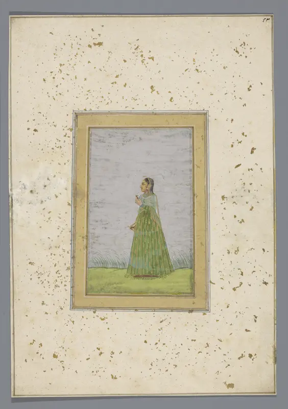 Staande vrouw van opzij in groen gewaad Wall Art by anonymous - High-Resolution Digital Print