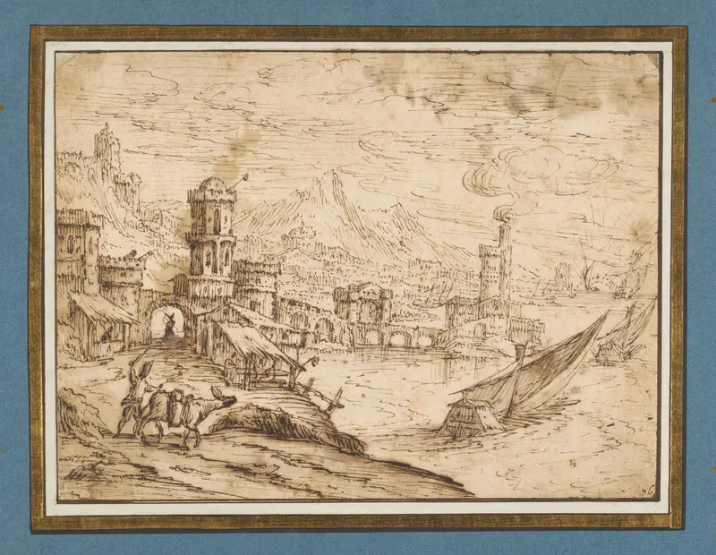 Stad aan een baai; rechts uitvarende galeien Wall Art by Tobias Verhaecht - High-Resolution Digital Print