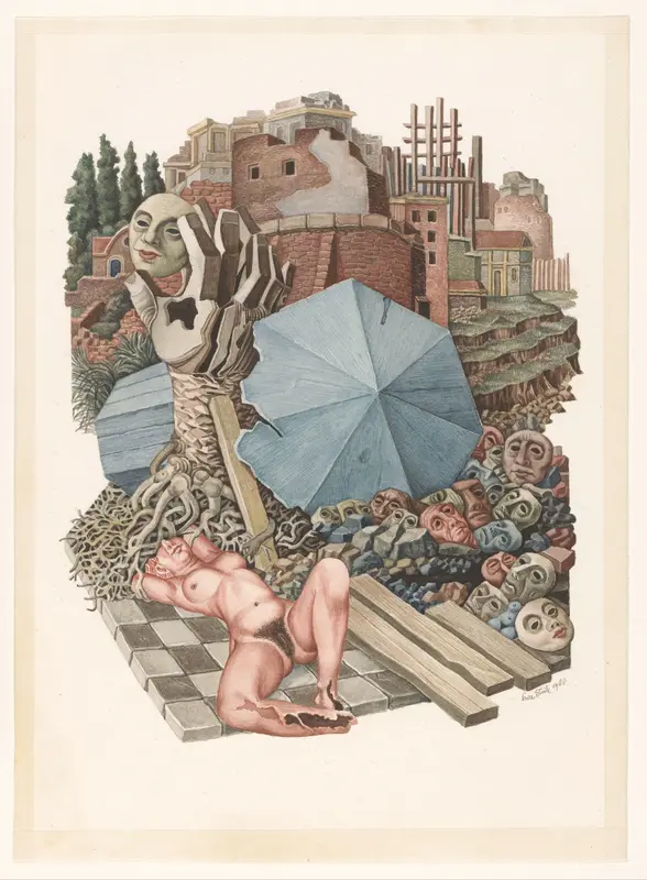 Stad met liggend naakt lichaam en parasol Wall Art by Unknown - High-Resolution Digital Print