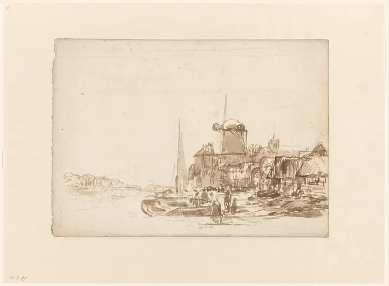 Stadje met windmolen aan een vaart Wall Art by Julius Jacobus van de Sande Bakhuyzen - High-Resolution Digital Print