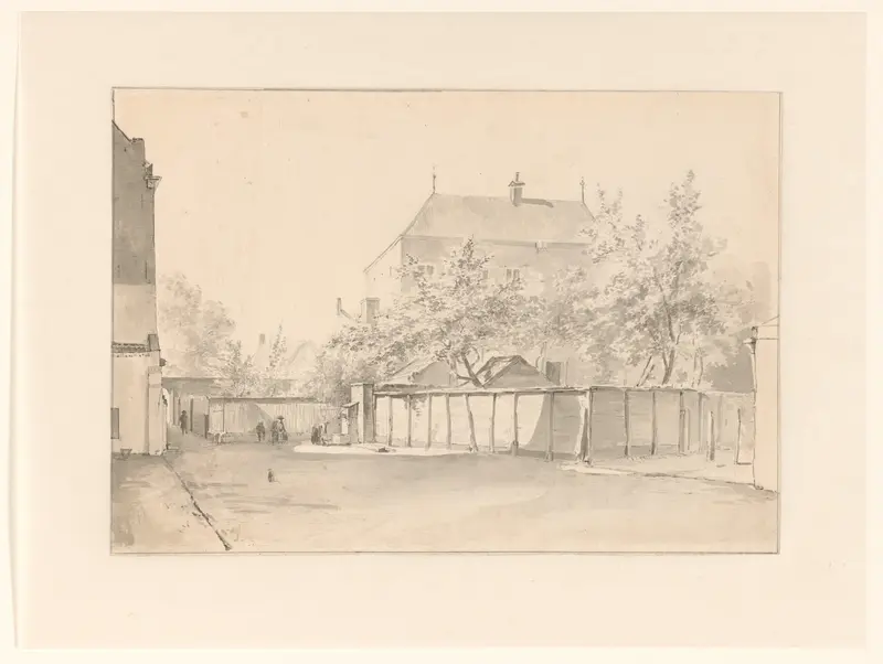 Stadsgezicht met een hoog, door een stenen muur omgeven huis Wall Art by Unknown - High-Resolution Digital Print