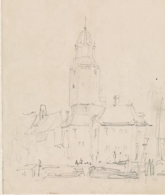 Stadsgezicht met toren bij huizen aan de kade Wall Art by Adrianus Eversen - High-Resolution Digital Print