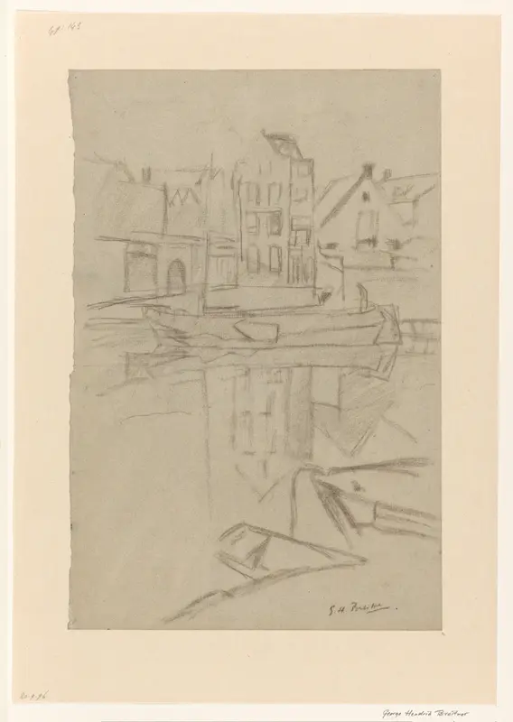 Stadsgracht met boten en spiegelende huizen Wall Art by George Hendrik Breitner - High-Resolution Digital Print