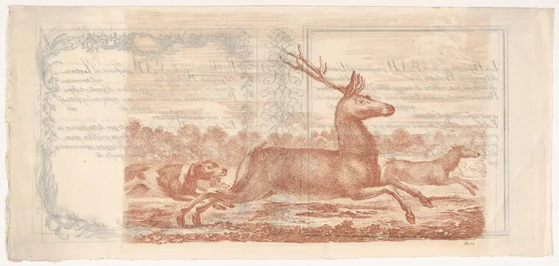 Stag and doe running towards the right, two dogs behind them to left, from "Hunts of various animals" (Chasses à différents animaux) Wall Art by Stefano della Bella - High-Resolution Digital Print