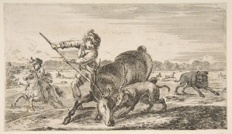 Stag at bay, from "Animal hunts" (Chasses à différents animaux) Wall Art by Stefano della Bella - High-Resolution Digital Print