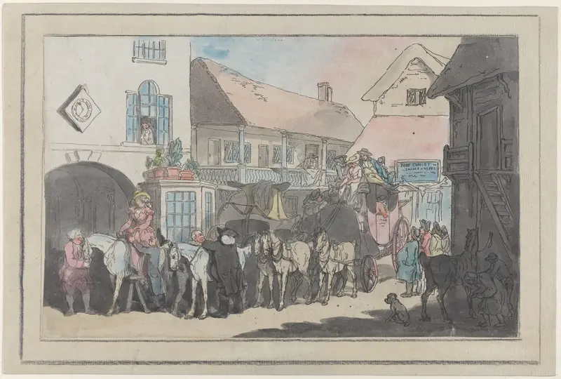Stage Coach and Riders in the Yard of an Inn, Preparing to Depart Wall Art by Thomas Rowlandson - High-Resolution Digital Print