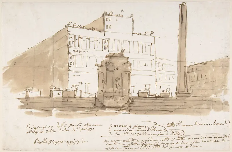 Stage design: piazza with a building, an obelisk, and a monument. Building and monument with numbers referring to inscription below. Wall Art by Anonymous, Italian, Venetian, 18th century - High-Resolution Digital Print
