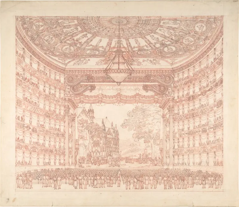 Stage Set with Peasants Meeting in Village Setting Wall Art by Anonymous, Italian, 19th century - High-Resolution Digital Print