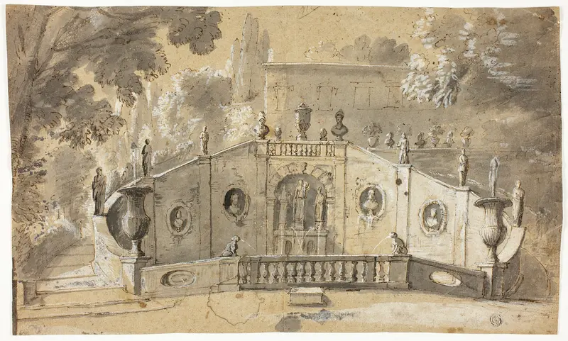 Staircase and Fountain (recto); Seated Male Nude in Profile to Left, Looking Upward (verso) Wall Art by Unknown artist - High-Resolution Digital Print