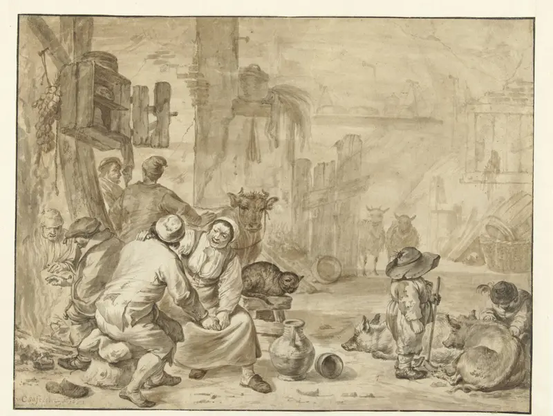 Stalinterieur met acht personen Wall Art by Cornelis Saftleven - High-Resolution Digital Print