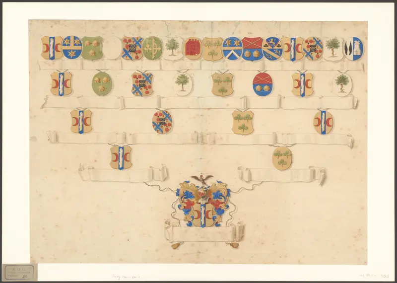 Stamboom van Pieter Valkenier met wapenschilden Wall Art by anonymous - High-Resolution Digital Print