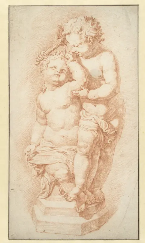 Standbeeld van twee putti met een fakkel Wall Art by anonymous - High-Resolution Digital Print