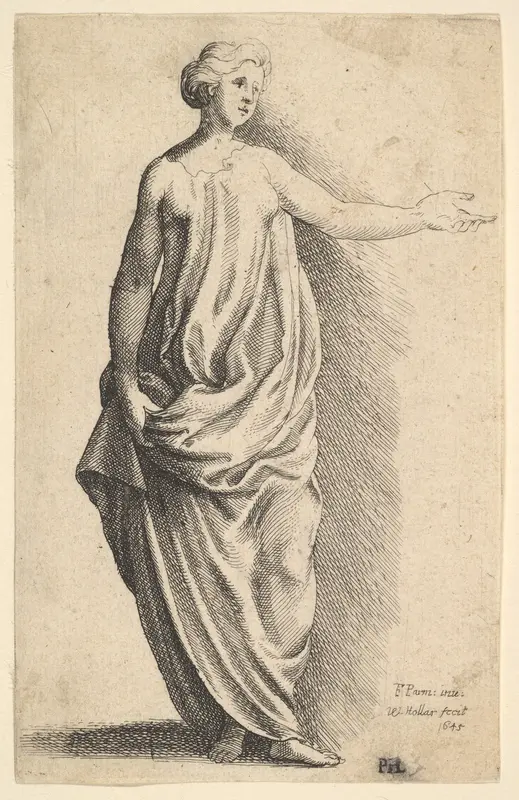 Standing female figure in loose classical robe, with arm outstretched Wall Art by Wenceslaus Hollar - High-Resolution Digital Print
