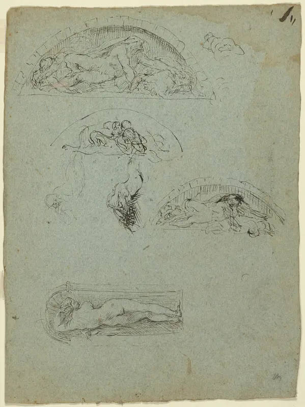 Standing Figure in a Niche and Studies for the Ugolino Group (recto); Red-Robed Prelate in a Crowd (verso) Wall Art by Jean Baptiste Carpeaux - High-Resolution Digital Print