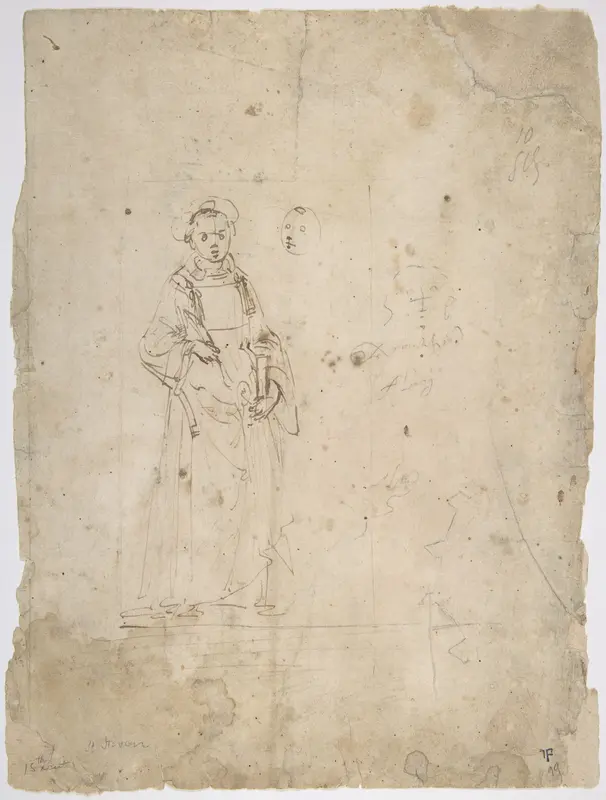 Standing Figure of Saint Stephen and the Head of Another Figure Within the Framing Outlines of a Rectangle, Crude Sketch of the Head of Another Figure, Undecipherable Sketch of a Polygonal or Circular Object with Small Projections Wall Art by Domenico Ghirlandaio (Domenico Bigordi) - High-Resolution Digital Print