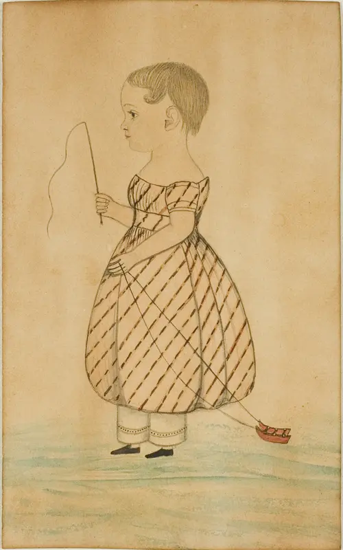 Standing Girl in Profile to Left with Whip and Toy Sleigh Wall Art by Unknown artist - High-Resolution Digital Print