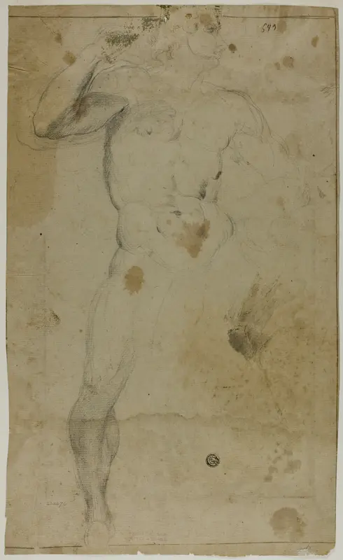 Standing Male Nude (recto); Two Half Length Male Figures, One with Raised Arm, the Other Praying (verso) Wall Art by Domenico Fiasella - High-Resolution Digital Print