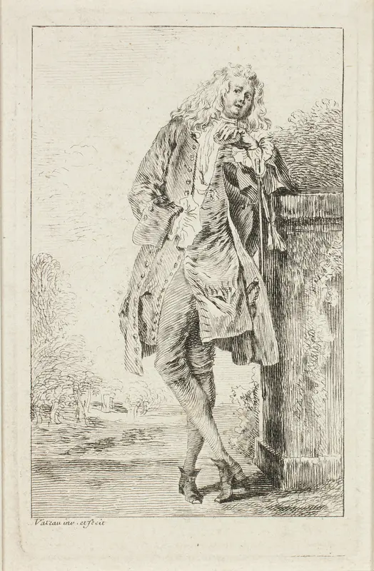 Standing Man Leaning against a Plinth, from Figures de modes Wall Art by Jean Antoine Watteau - High-Resolution Digital Print