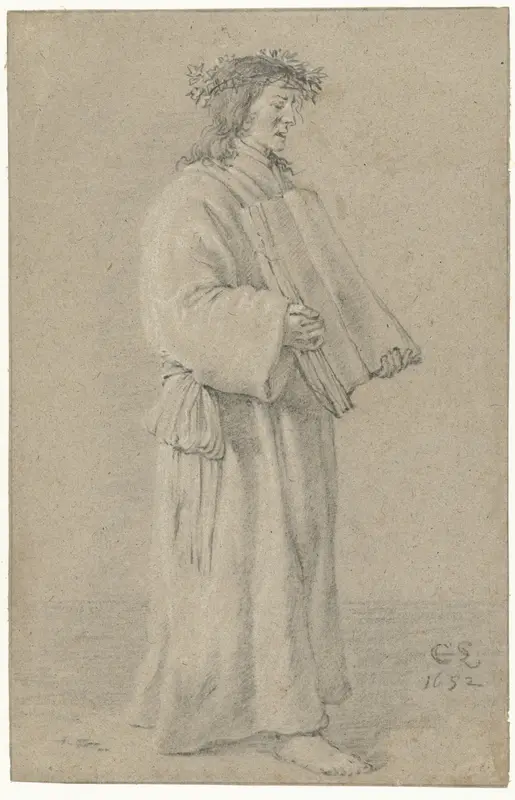 Standing Man Wearing a Laurel Wreath and Holding an Open Book Wall Art by Cornelis Saftleven - High-Resolution Digital Print