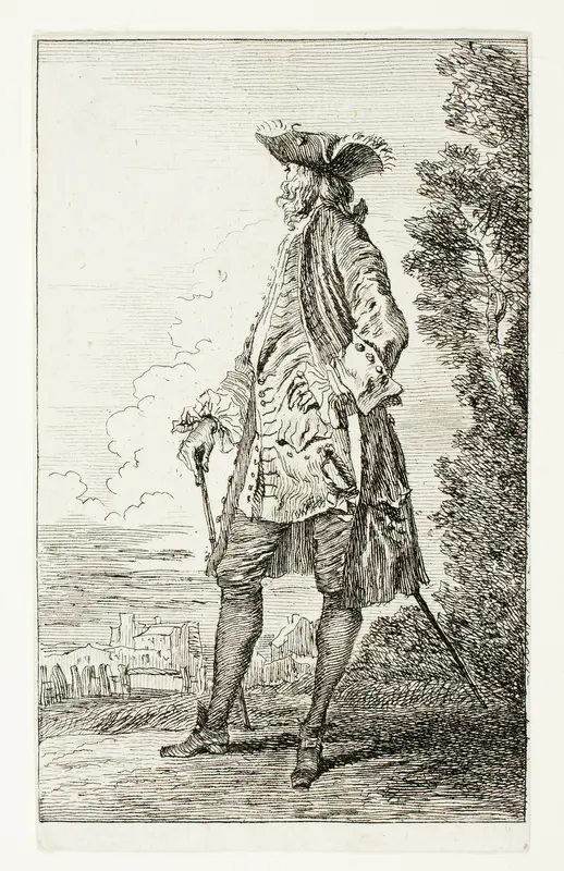 Standing Man with a Hat, Facing Left, from Figures de Modes Wall Art by Jean Antoine Watteau - High-Resolution Digital Print