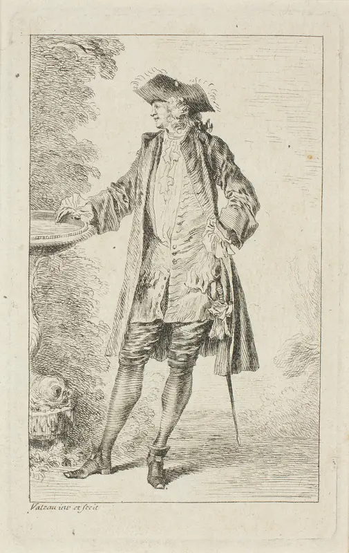 Standing Man with Hand on Basin, from Figures de modes Wall Art by Jean Antoine Watteau - High-Resolution Digital Print