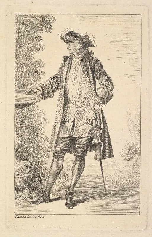 Standing man with his right hand resting on a basin, shown in three-quarters view with his head turned toward the left, from "Figures of Fashion" (Figures de Modes) Wall Art by Antoine Watteau - High-Resolution Digital Print