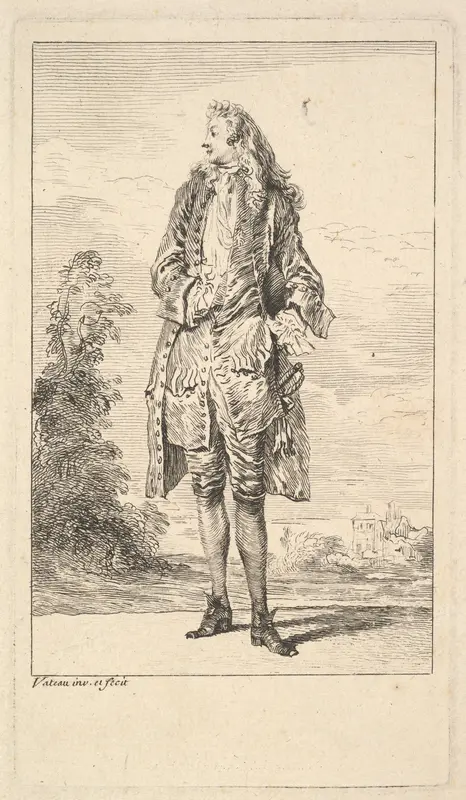 Standing man with right hand tucked into his waistcoat, shown in frontal view with his head turned toward the left, from "Figures of Fashion" (Figures de Modes) Wall Art by Antoine Watteau - High-Resolution Digital Print