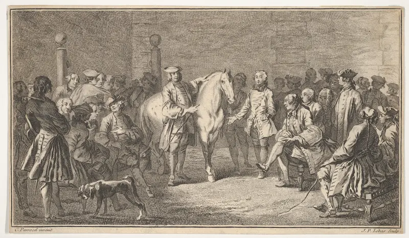 Standing men presenting a horse before a group of seated men Wall Art by Jacques Philippe Le Bas - High-Resolution Digital Print