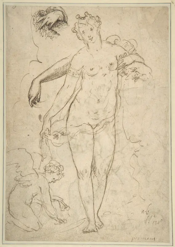 Standing Nude Female and Putto with Studies of a Hand and an Arm (recto); Satyrs destroying a Female Herm (verso) Wall Art by Anonymous, Italian, 16th century - High-Resolution Digital Print