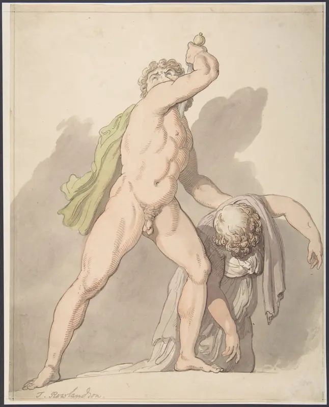 Standing Nude Man Supporting Fainting Female (Ludovisi Gaul in the Uffizi) Wall Art by Thomas Rowlandson - High-Resolution Digital Print