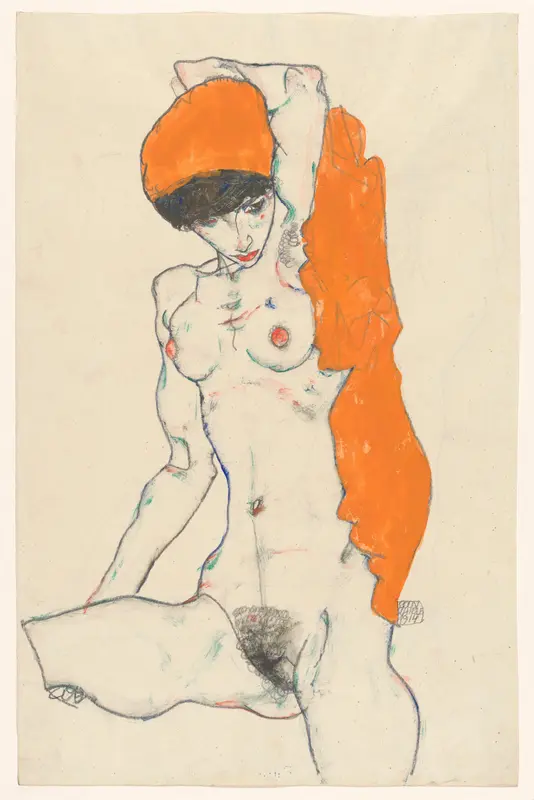 Standing Nude with Orange Drapery (recto): Study of Nude with Arms Raised (verso) Wall Art by Egon Schiele - High-Resolution Digital Print