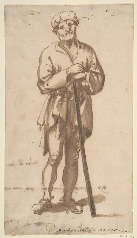 Standing Old Man in Frontal View Leaning On a Staff Wall Art by Anonymous, Italian, Roman-Bolognese, 17th century - High-Resolution Digital Print