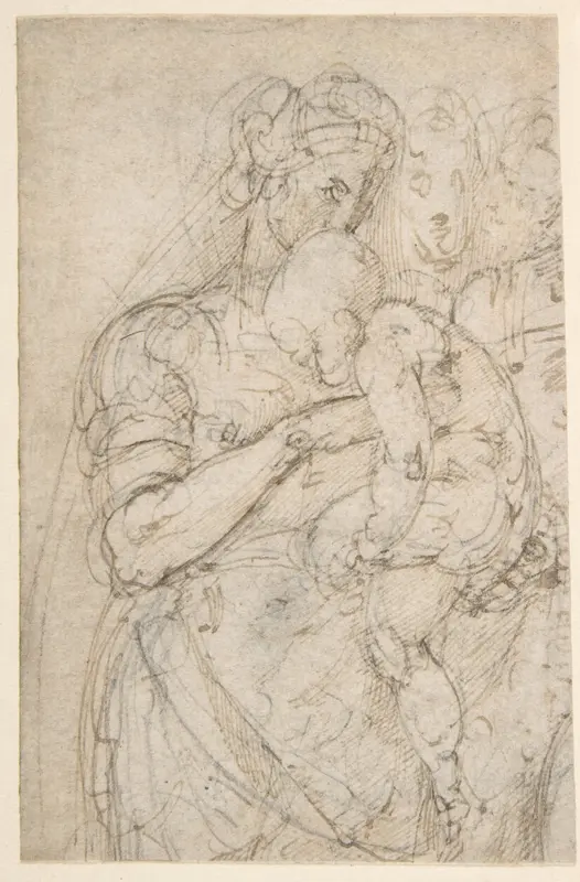 Standing Virgin with Child, Two Heads at Upper Right (recto); Sketch of Steps (verso) Wall Art by Battista Franco - High-Resolution Digital Print