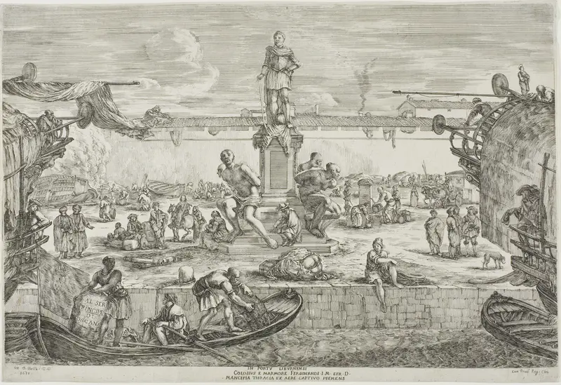 Statue of Ferdinand I, Grand Duke of Tuscany, from Views of the Port of Livorno Wall Art by Stefano della Bella - High-Resolution Digital Print
