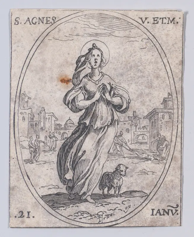 Ste. Agnés, vierge et martyre (St. Agnes, Virgin and Martyr), January 21st, from "Les Images De Tous Les Saincts et Saintes de L'Année" (Images of All of the Saints and Feast Days of the Year) Wall Art by Jacques Callot - High-Resolution Digital Print