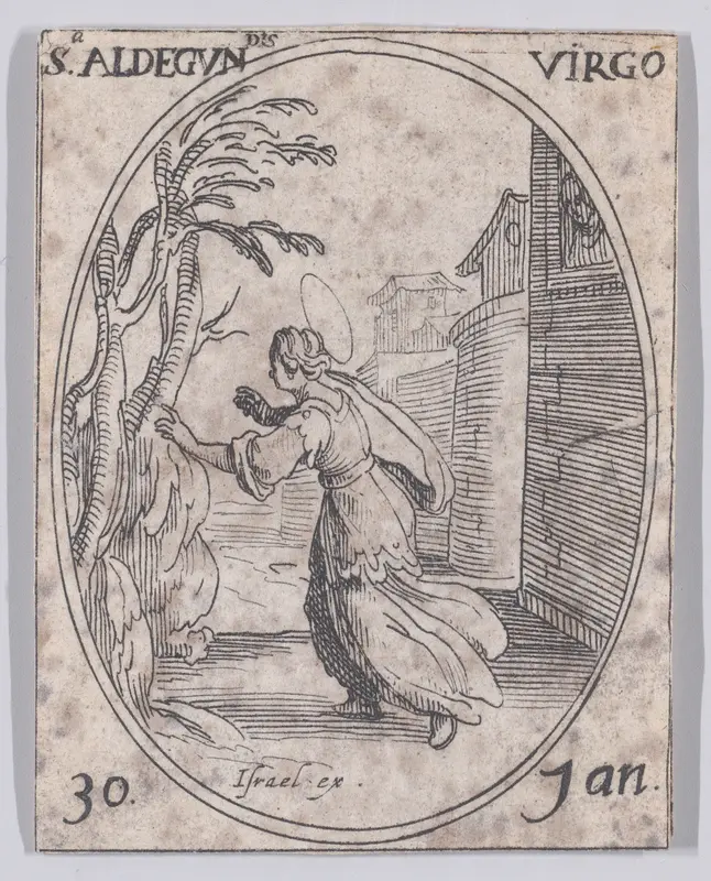 Ste. Aldegonde, vierge (St. Aldegundis, Virgin), January 30th, from "Les Images De Tous Les Saincts et Saintes de L'Année" (Images of All of the Saints and Feast Days of the Year) Wall Art by Jacques Callot - High-Resolution Digital Print